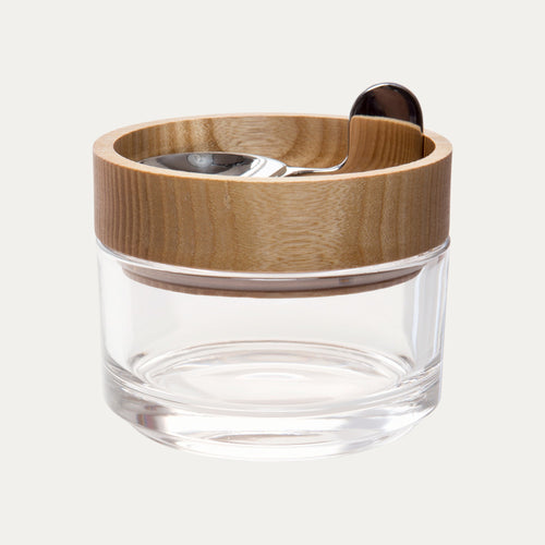 Stapelbare Glasdose aus Klarglas mit Holzdeckel