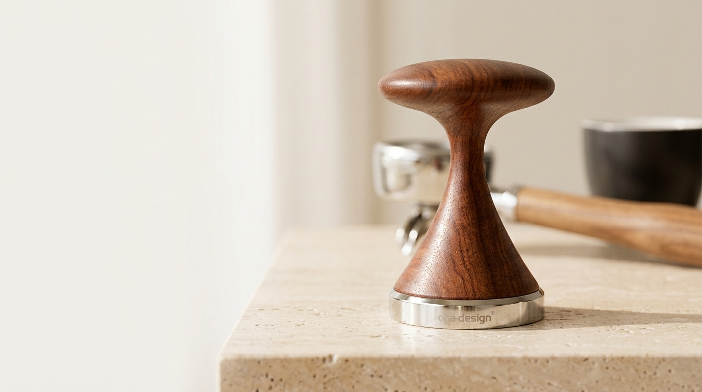 Espresso-Tamper dotto mit Griff aus dunklem Holz auf einer Travertinplatte, daneben ein Siebträger