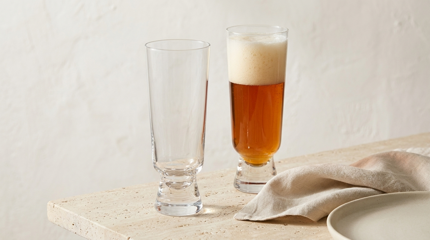 Zwei hohe Gläser, eines leer und eines mit Bier gefüllt, auf einer Travertinplatte neben einer Leinenserviette