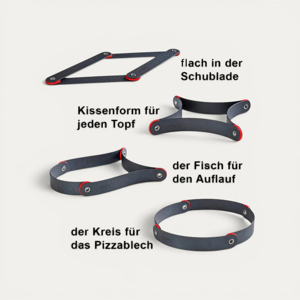 Die Formen des KREMPEL: flach für die Schublade, Kissen für jeden Topf, Fisch für den Auflauf und Kreis für das Pizzablech